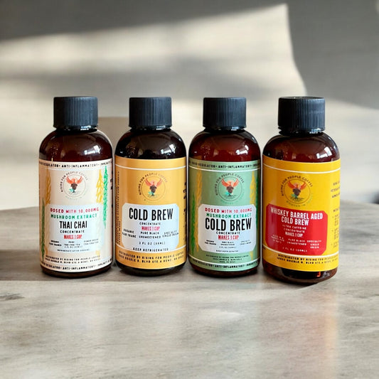 2oz Travel Cold Brew & Thai Chai Tea Concentrated Set of 4 - Rising For People Coffee Co.CoffeeRising For People Coffee Co.Rising For People Coffee Co.Rising for People Coffee concentrate bottles—2oz Travel Cold Brew & Thai Chai Tea Concentrated Set of 4 (Original cold brew, Whiskey Barrel cold brew, Happy Mushroom cold brew, Happy Mushroom Thai chai) Perfect for lattes, baking, cooking, and baking, Latte, Cappuccino, Coffee shop, Coffee shop near, Coffee near me, Roasted coffee, Speciality coff