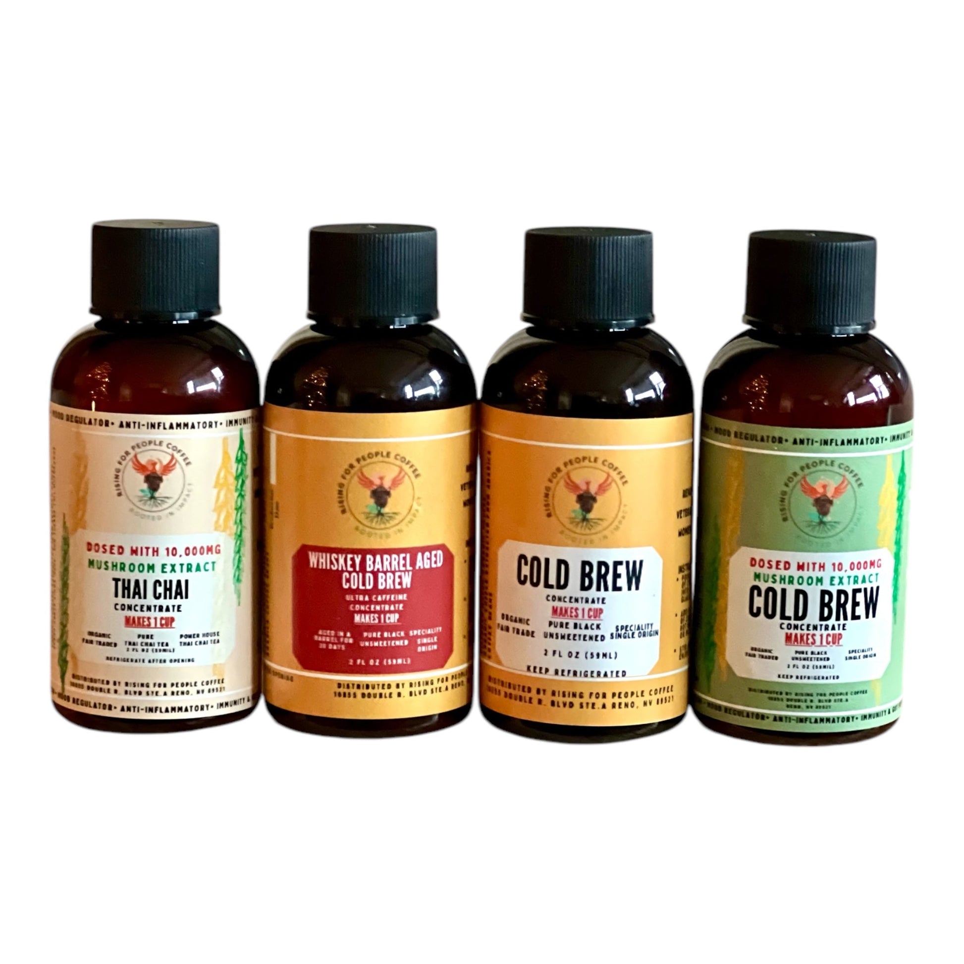 2oz Travel Cold Brew & Thai Chai Tea Concentrated Set of 4 - Rising For People Coffee Co.CoffeeRising For People Coffee Co.Rising For People Coffee Co.Rising for People Coffee concentrate bottles—2oz Travel Cold Brew & Thai Chai Tea Concentrated Set of 4 (Original cold brew, Whiskey Barrel cold brew, Happy Mushroom cold brew, Happy Mushroom Thai chai, Latte, Cappuccino, Coffee shop, Coffee shop near, Coffee near me, Roasted coffee, Speciality coffee, Green coffee, Black coffee, Espresso machine,