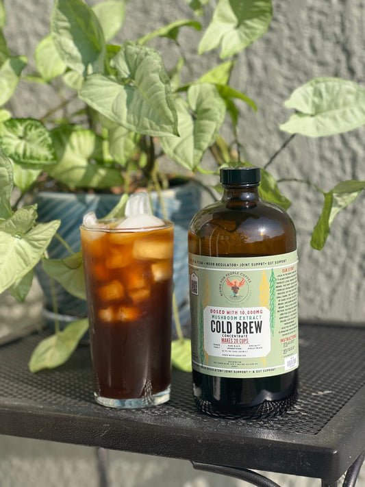 Happy Mushroom concentrated Cold Brew coffee - Rising For People Coffee Co.CoffeeRising For People Coffee Co.Rising For People Coffee Co.Rising For people coffee mushroom cold brew coffee bottle. Specialty gourmet concentrated cold brew dosed with lions mane, Chaga, Cordyceps, turkey tail, Reishi - video Latte, Cappuccino, Coffee shop, Coffee shop near, Coffee near me, Roasted coffee, Speciality coffee, Green coffee, Black coffee, Espresso machine, French press, Espresso, Takeout coffee near