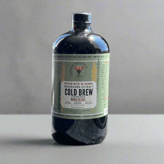 Happy Mushroom concentrated Cold Brew coffee - Rising For People Coffee Co.CoffeeRising For People Coffee Co.Rising For People Coffee Co.Rising For people coffee cold brew bottle. Specialty gourmet concentrated cold brew dosed with lions mane, Chaga, Cordyceps, turkey tail, Reishi. Latte, Cappuccino, Coffee shop, Coffee shop near, Coffee near me, Roasted coffee, Speciality coffee, Green coffee, Black coffee, Espresso machine, French press, Espresso, Takeout coffee near